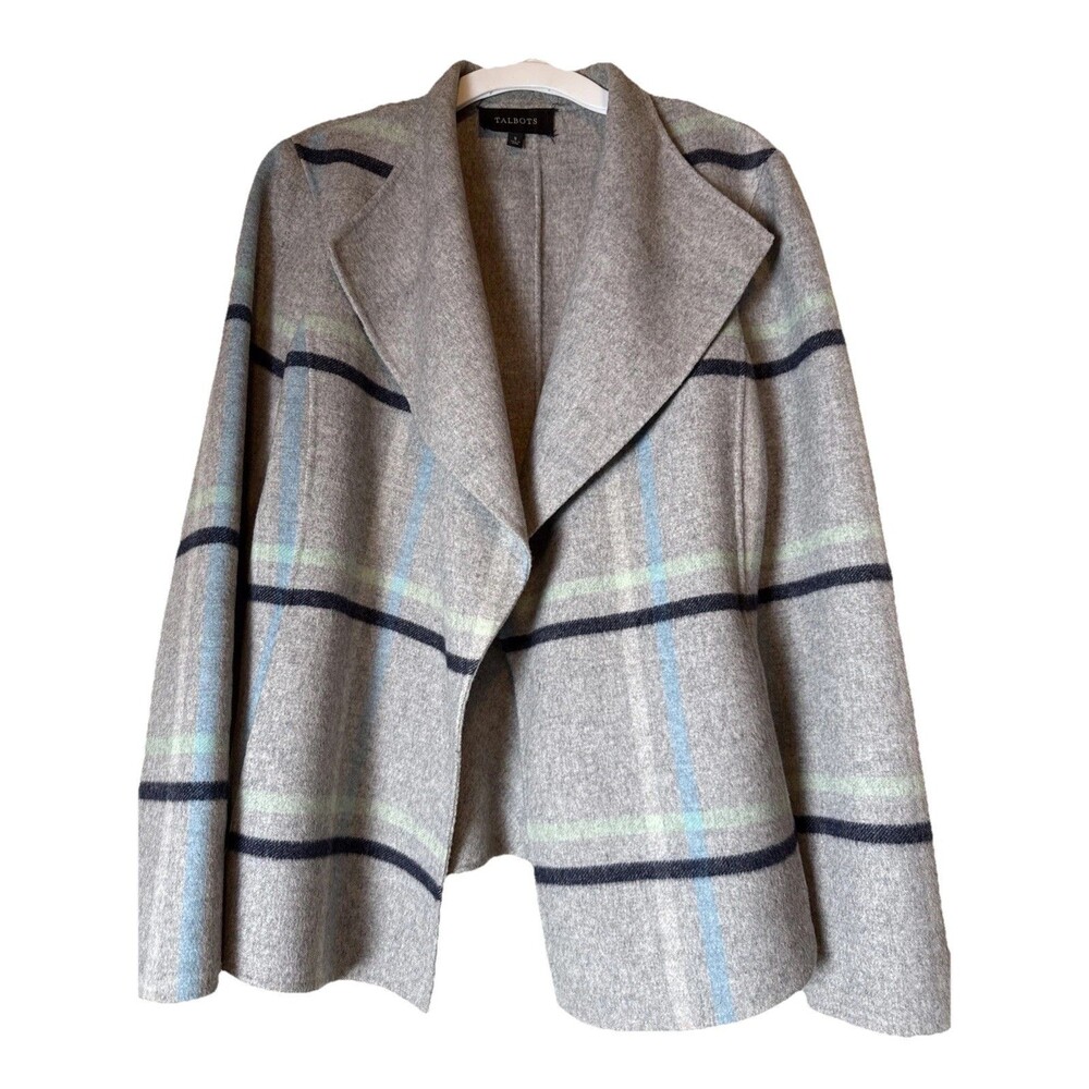 Talbots Women’s Jacket Blazer Coat Plaid Wool Blend Open Front Gray Sz S Career